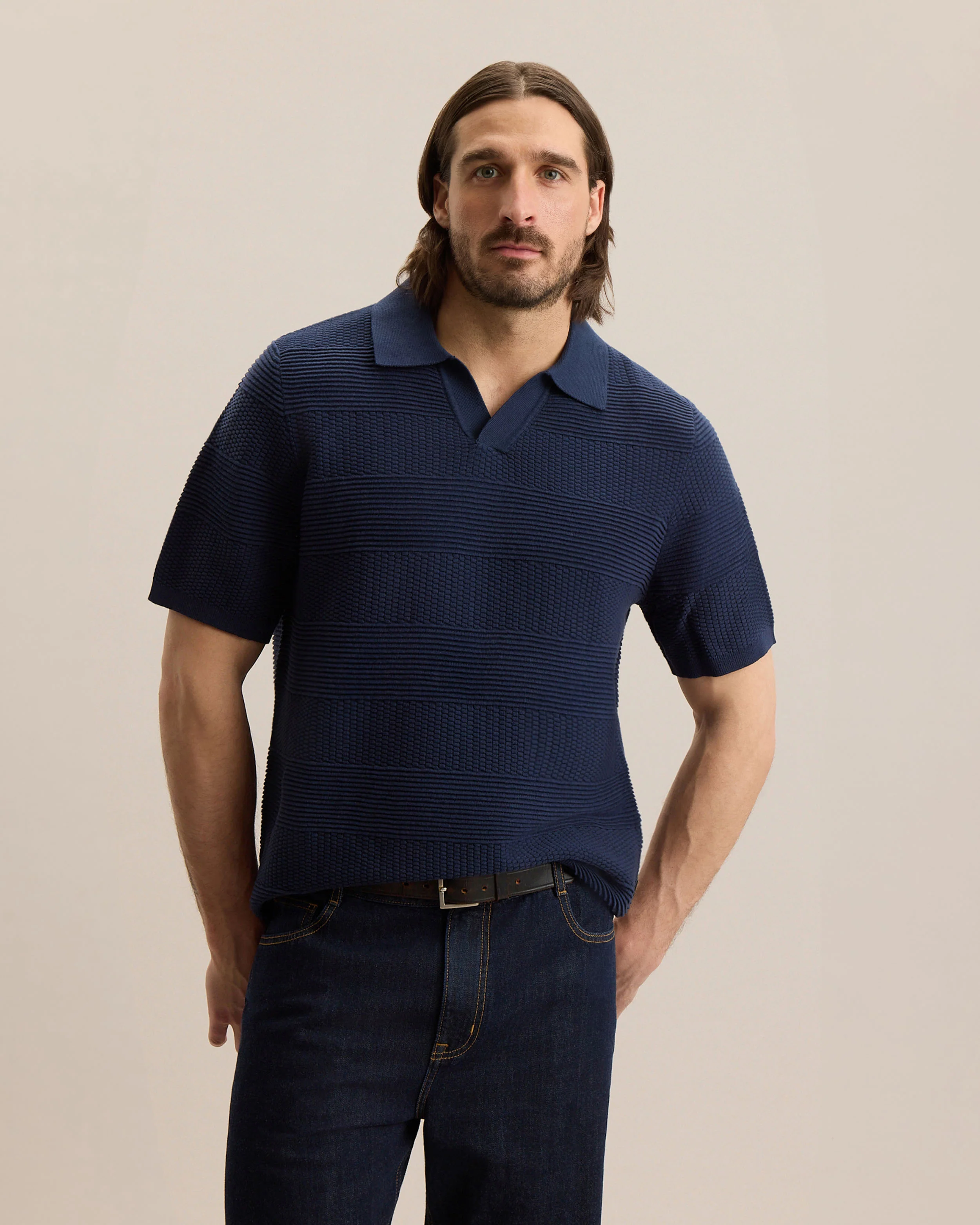 ENGINEERED STRIPE JOHNNY COLLAR POLO